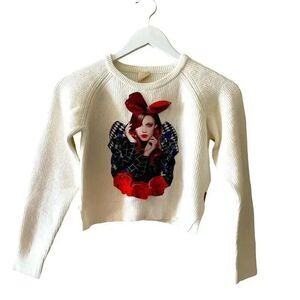 Kinddog Unique Long Sleeves Cropped Girl Womens Ivory Red Winter Cozy Sweater S